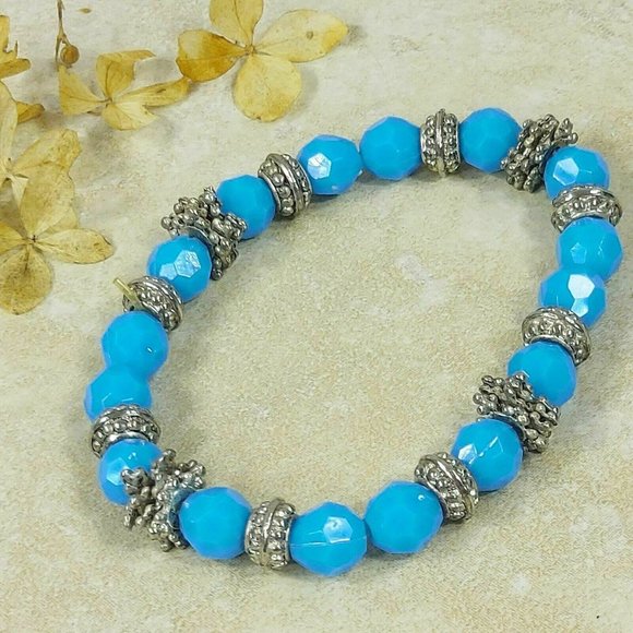 Blue & Silver Stones Beaded Bracelet Gemstones Beads Jewelry Jewel Trinket Gift - Picture 4 of 10